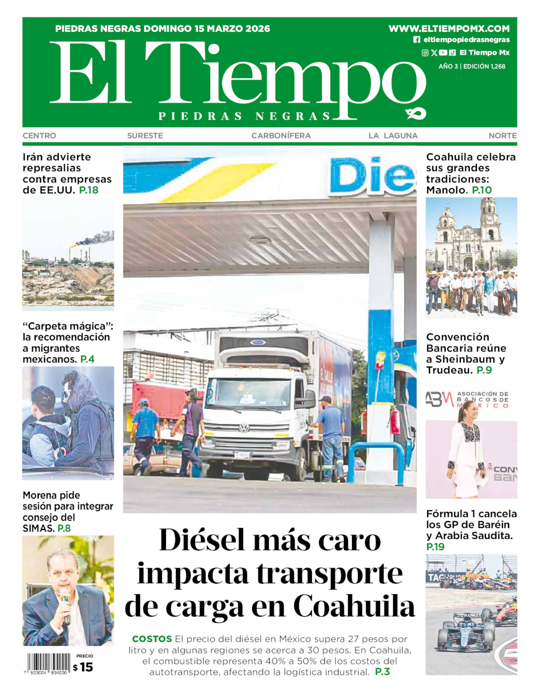 Edición impresa: Portada del domingo 15 de marzo de 2026, El Tiempo de <strong>Piedras Negras</strong>