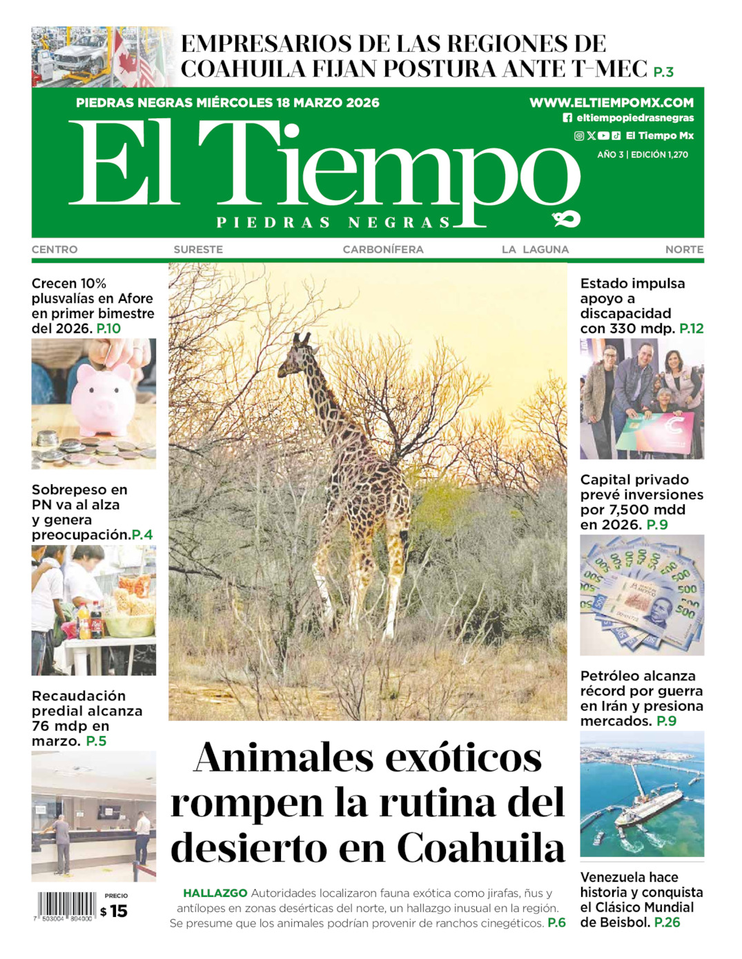 Edición impresa: Portada del miércoles 18 de marzo de 2026, El Tiempo de <strong>Piedras Negras</strong>