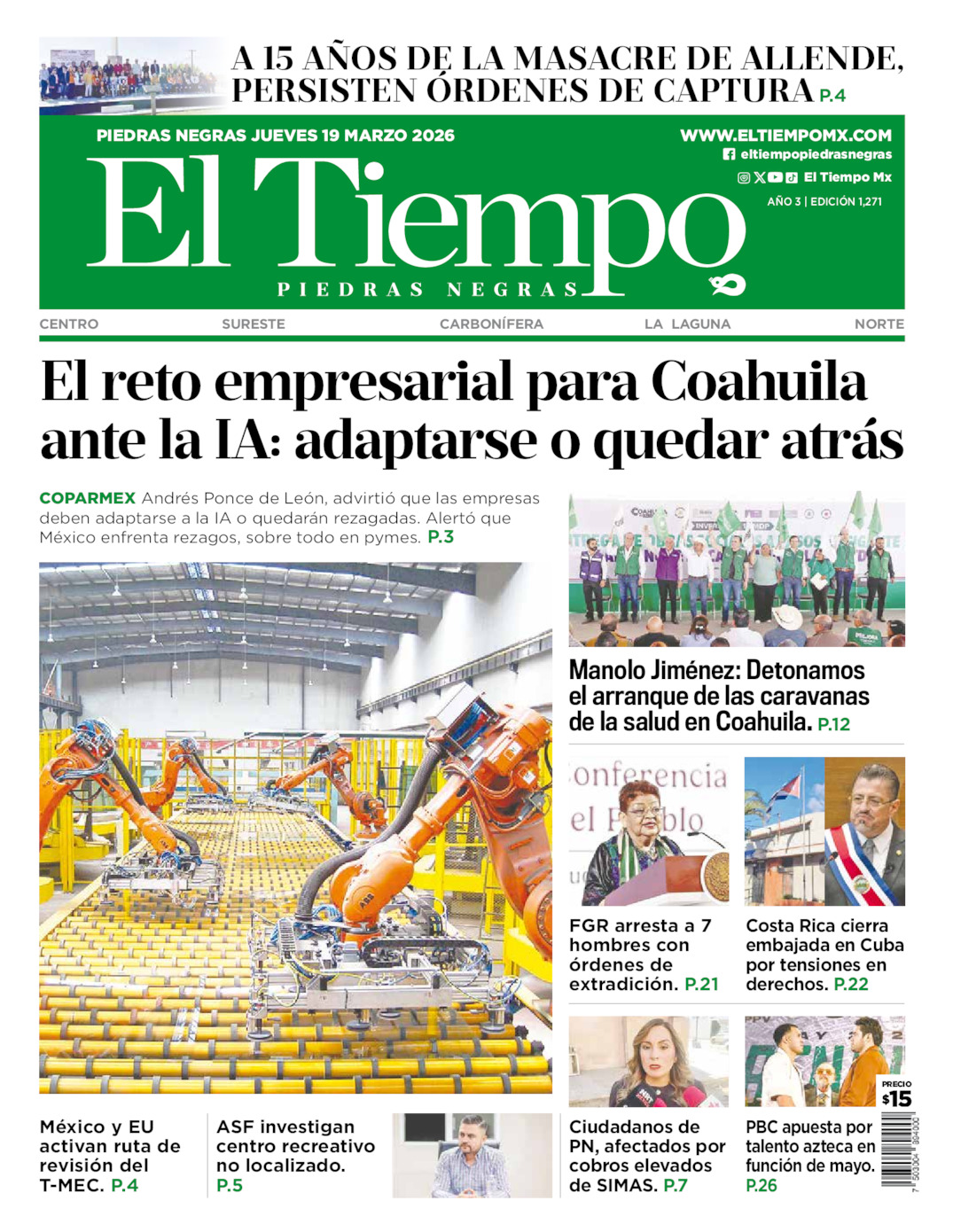 Edición impresa: Portada del jueves 19 de marzo de 2026, El Tiempo de <strong>Piedras Negras</strong>