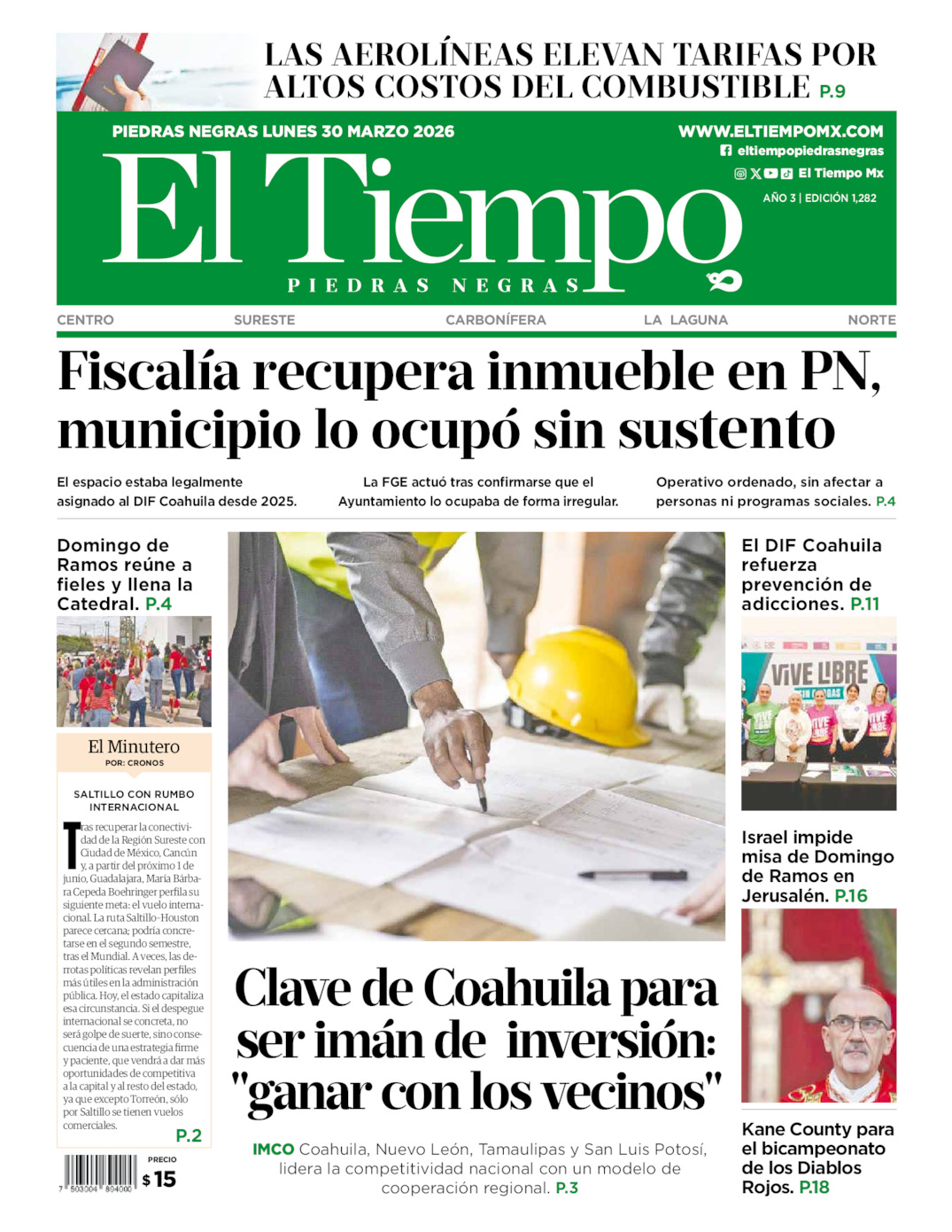 Edición impresa: Portada del lunes 30 de marzo de 2026, El Tiempo de <strong>Piedras Negras</strong>