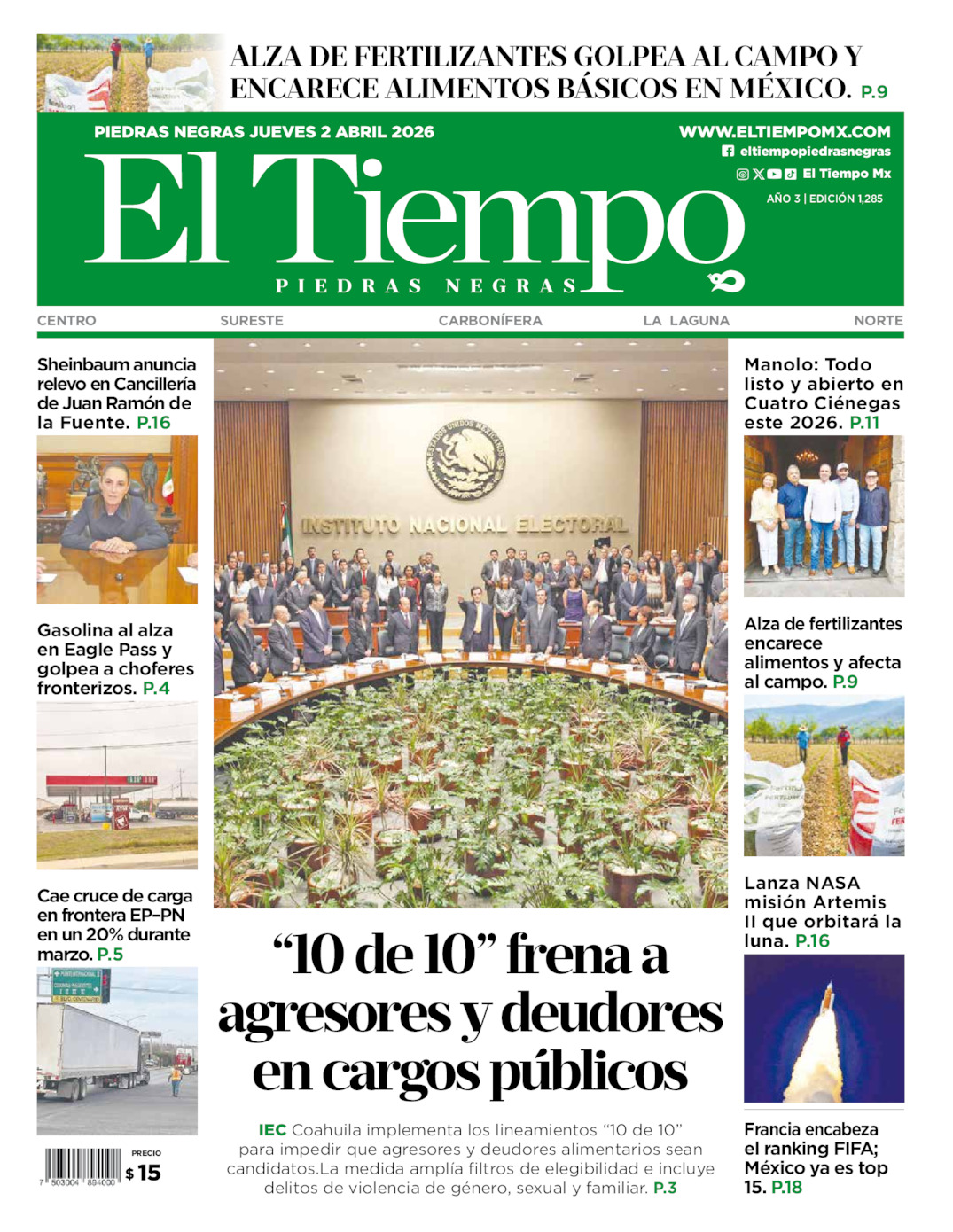 Edición impresa: Portada del jueves 02 de abril de 2026, El Tiempo de <strong>Piedras Negras</strong>