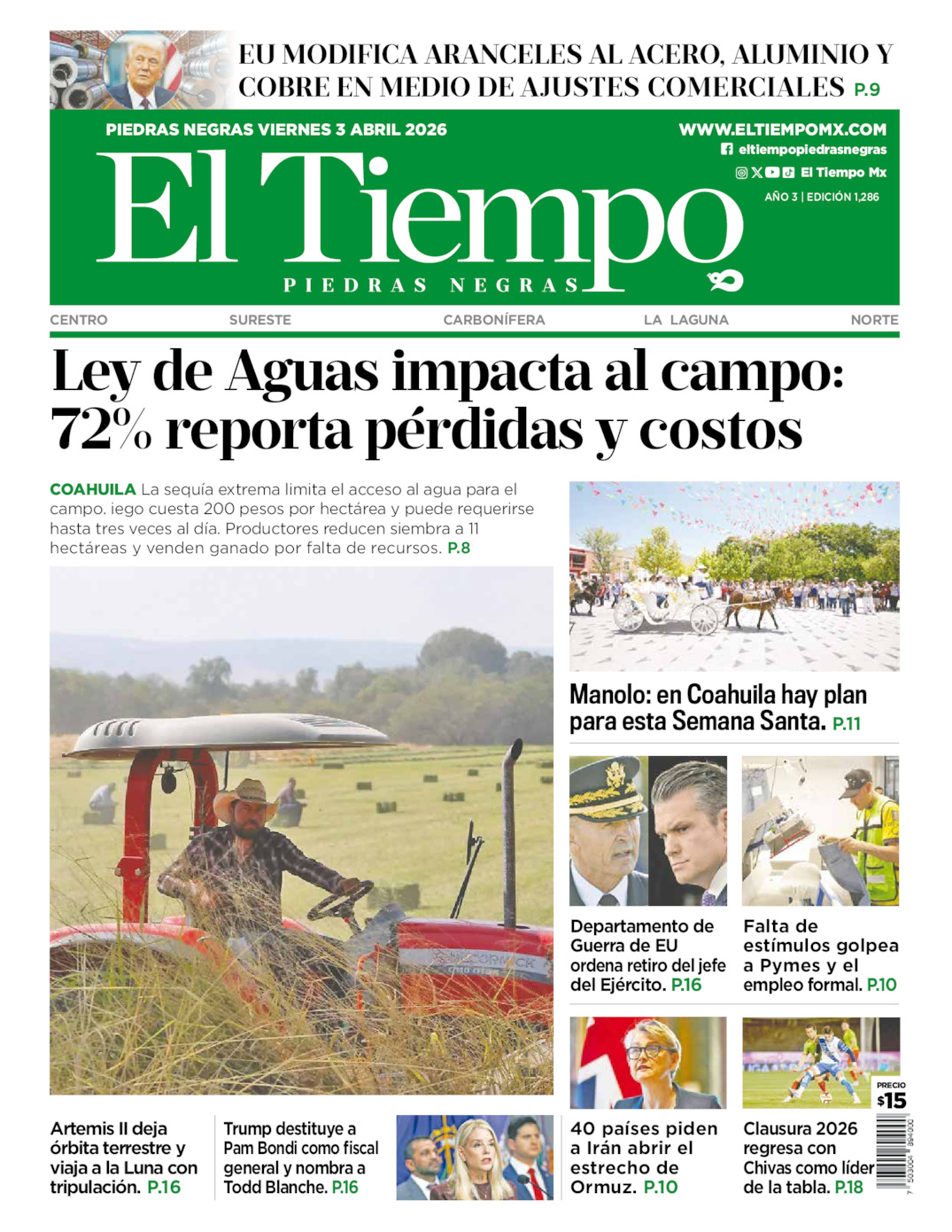 Edición impresa: Portada del viernes 03 de abril de 2026, El Tiempo de <strong>Piedras Negras</strong>