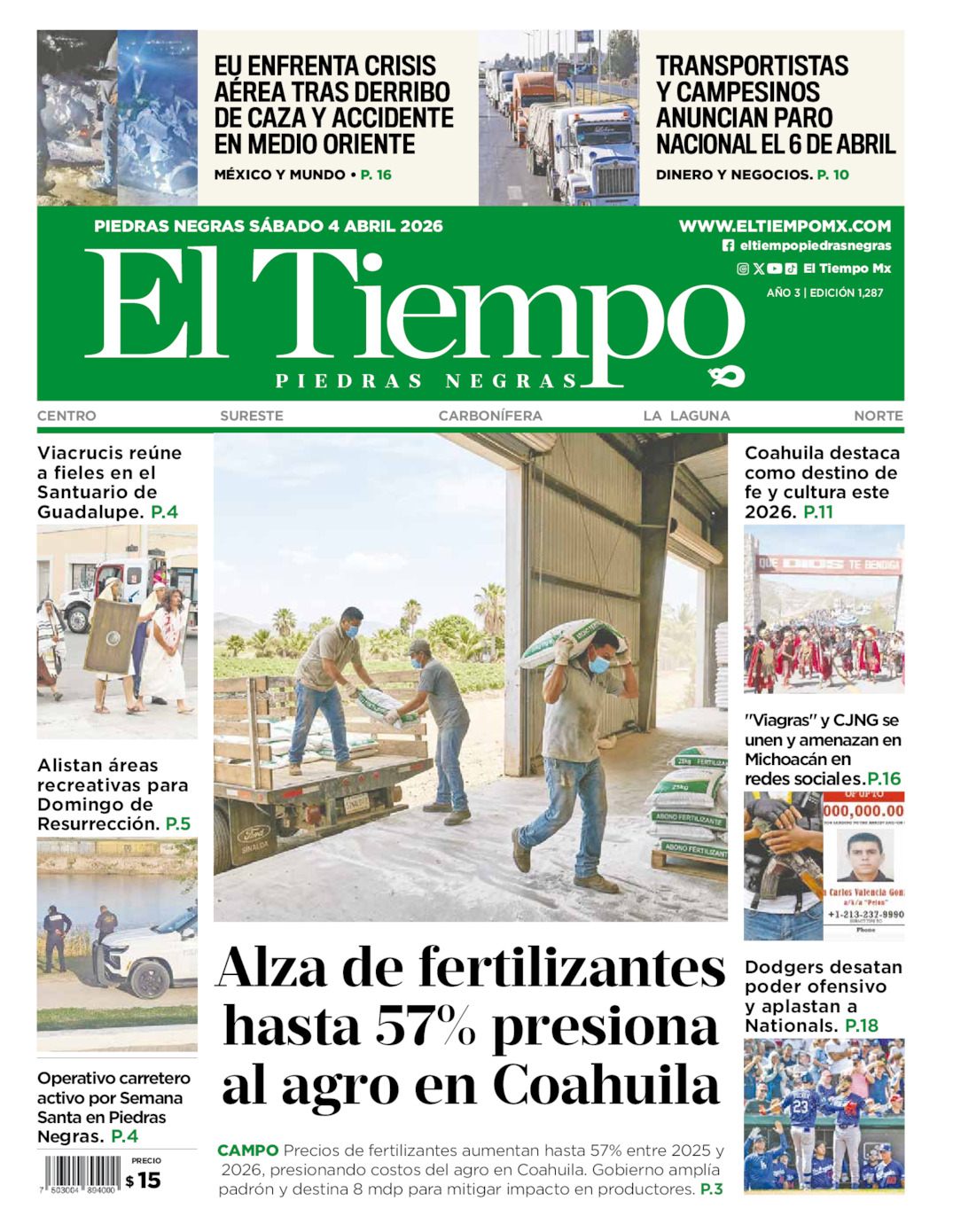 Edición impresa: Portada del sábado 04 de abril de 2026, El Tiempo de <strong>Piedras Negras</strong>