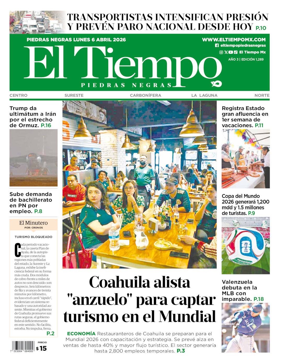 Edición impresa: Portada del lunes 06 de abril de 2026, El Tiempo de <strong>Piedras Negras</strong>