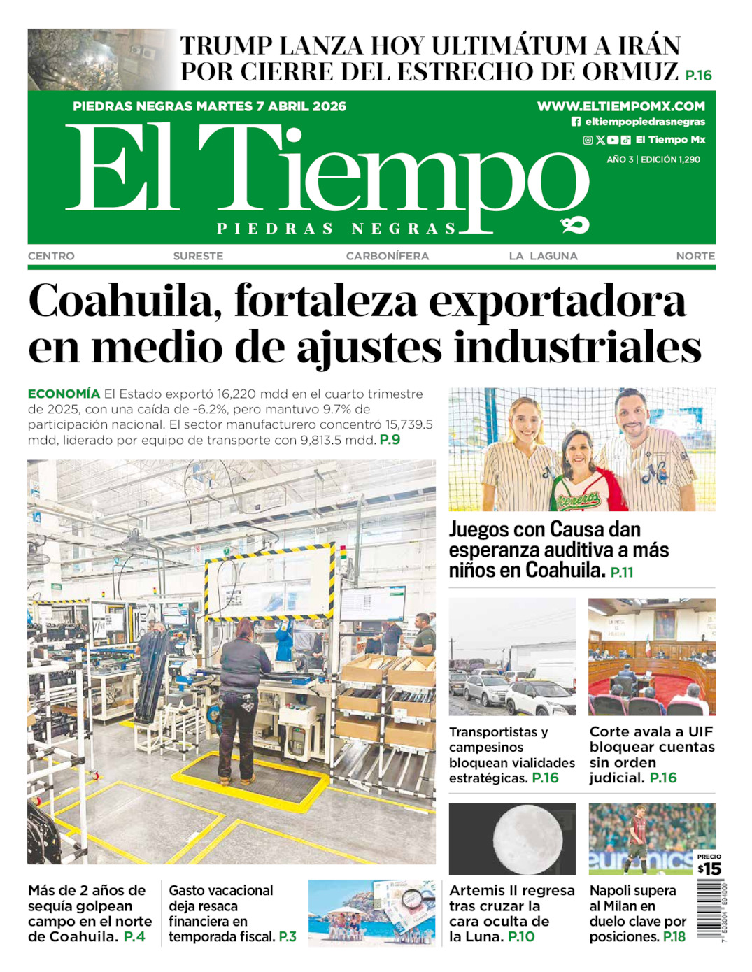 Edición impresa: Portada del martes 07 de abril de 2026, El Tiempo de <strong>Piedras Negras</strong>