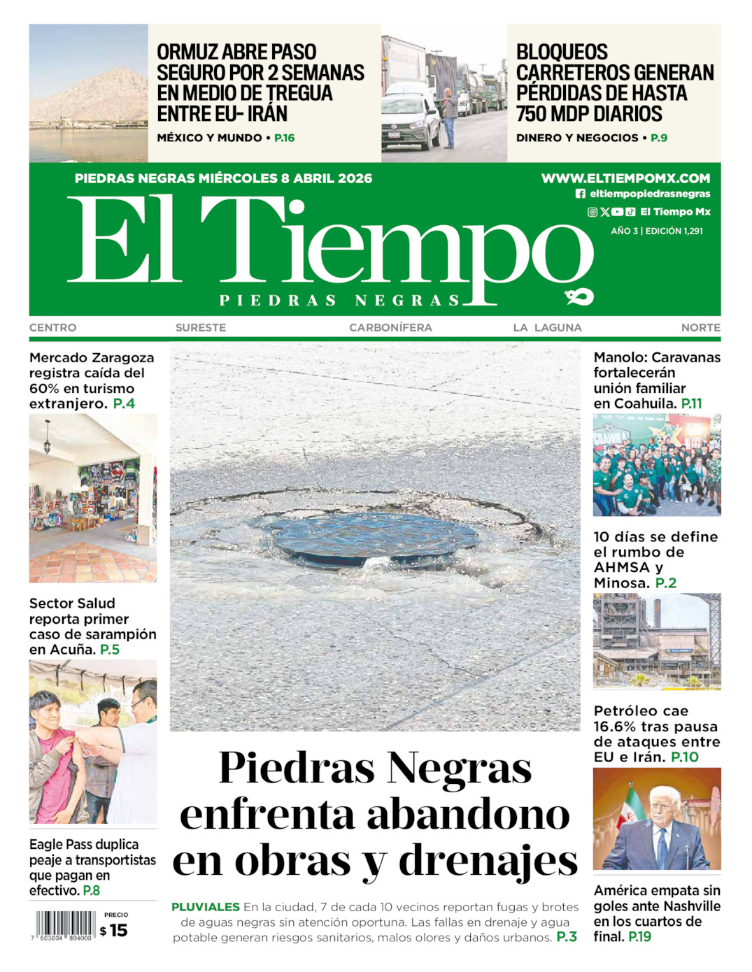 Edición impresa: Portada del miércoles 08 de abril de 2026, El Tiempo de <strong>Piedras Negras</strong>
