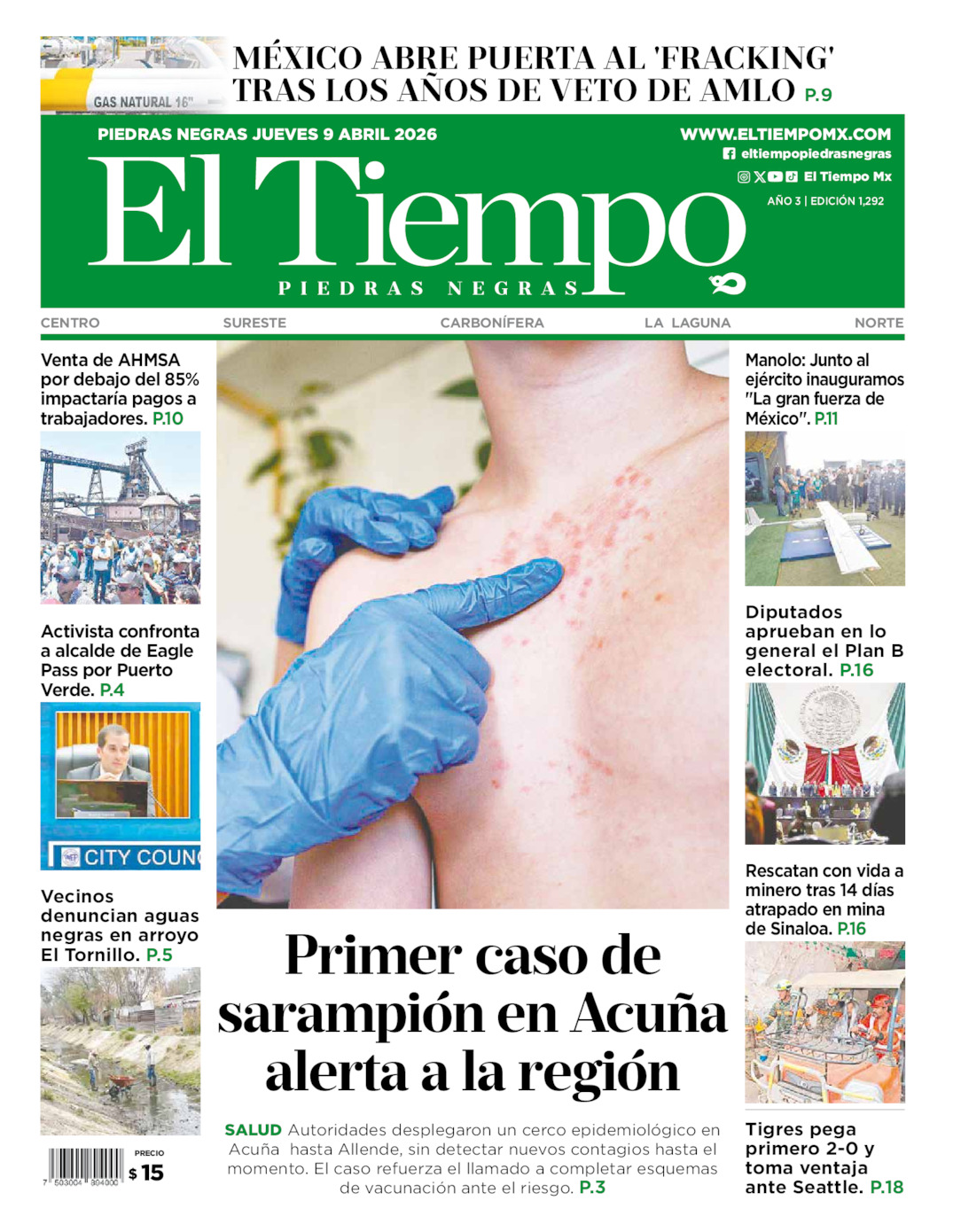 Edición impresa: Portada del jueves 09 de abril de 2026, El Tiempo de <strong>Piedras Negras</strong>
