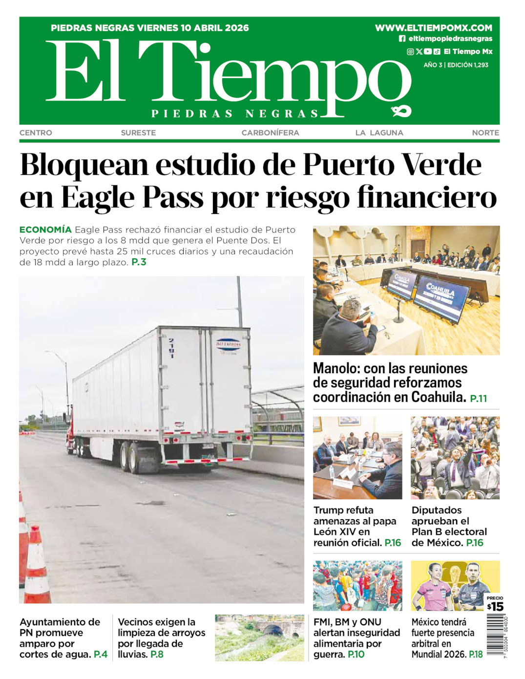 Edición impresa: Portada del viernes 10 de abril de 2026, El Tiempo de <strong>Piedras Negras</strong>