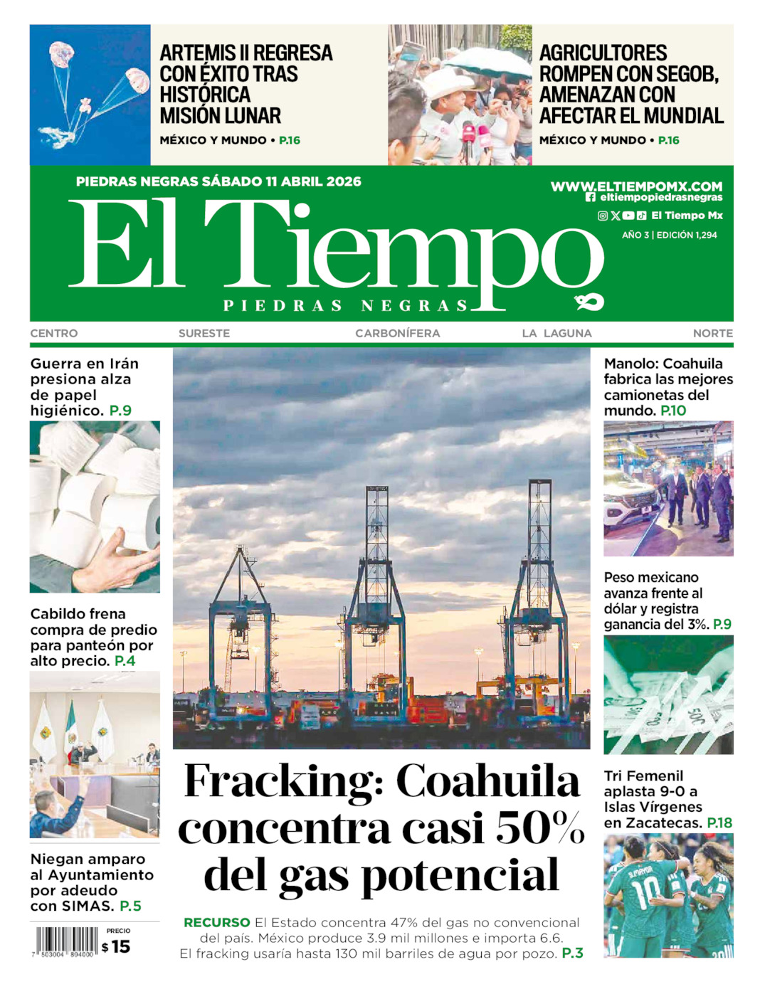Edición impresa: Portada del sábado 11 de abril de 2026, El Tiempo de <strong>Piedras Negras</strong>