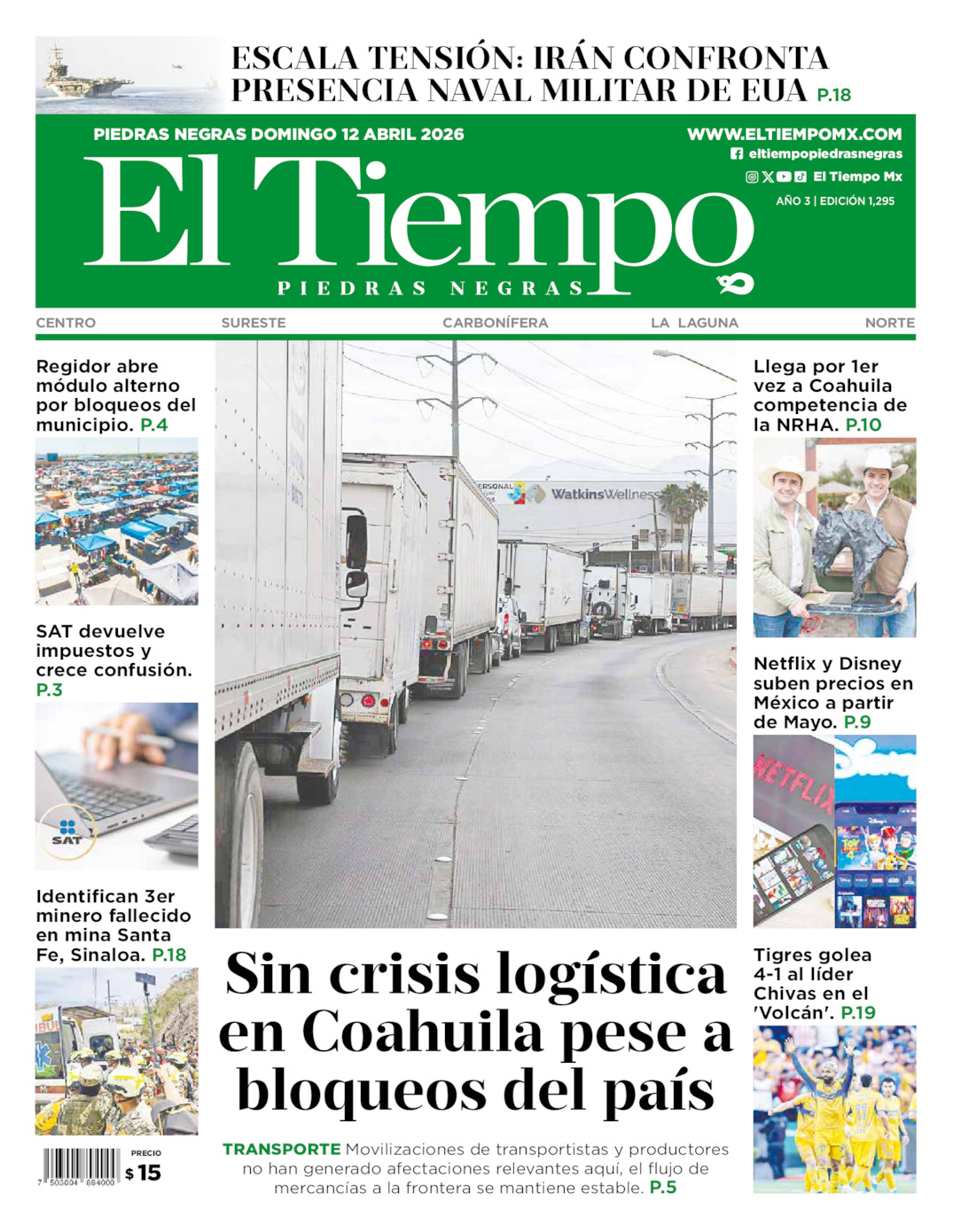 Edición impresa: Portada del domingo 12 de abril de 2026, El Tiempo de <strong>Piedras Negras</strong>