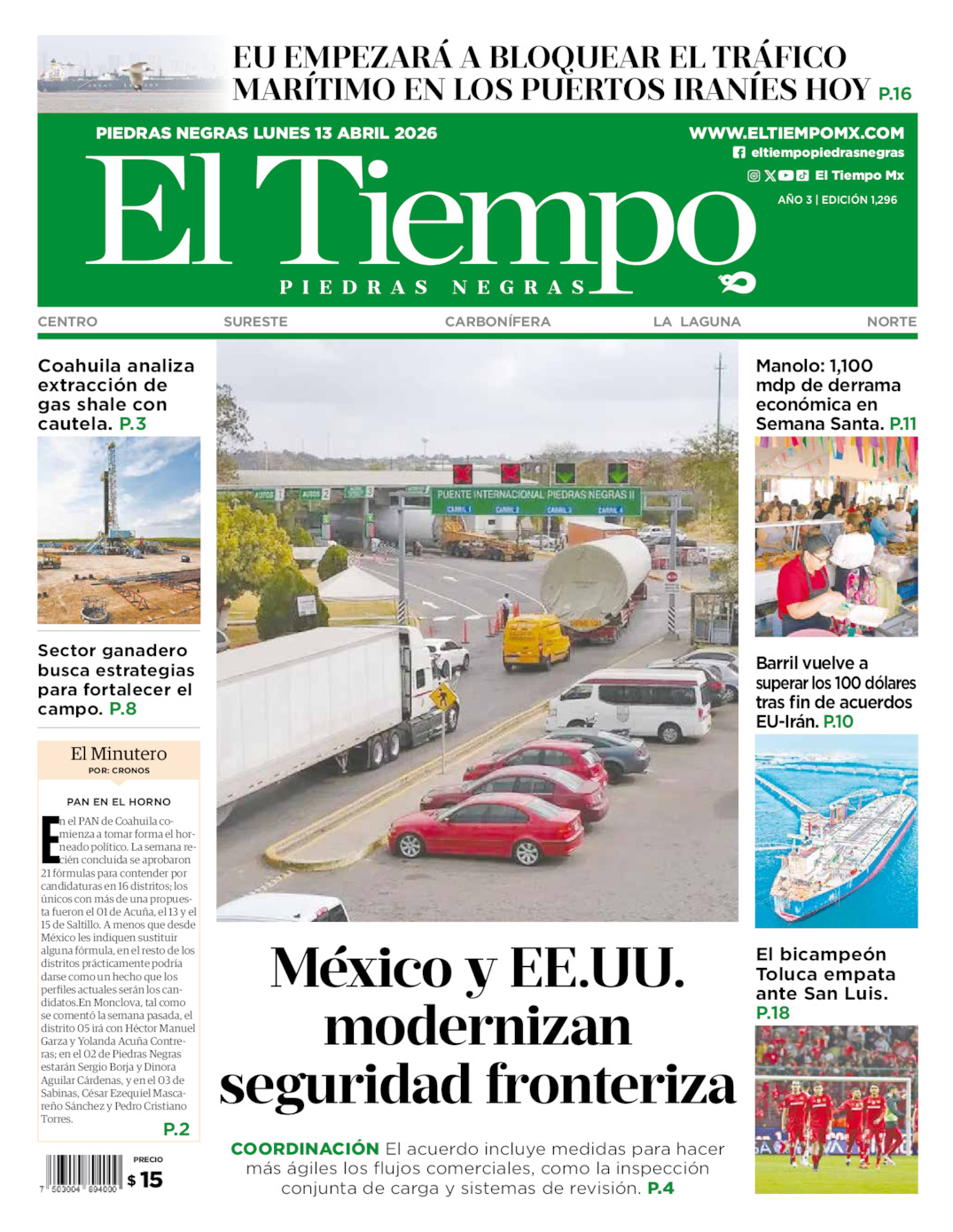 Edición impresa: Portada del lunes 13 de abril de 2026, El Tiempo de <strong>Piedras Negras</strong>