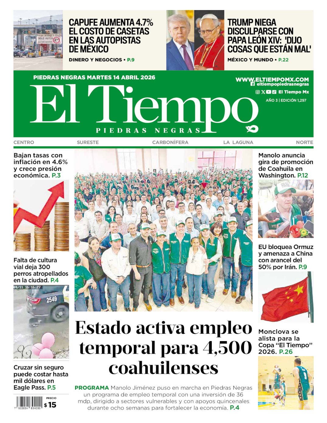 Edición impresa: Portada del martes 14 de abril de 2026, El Tiempo de <strong>Piedras Negras</strong>
