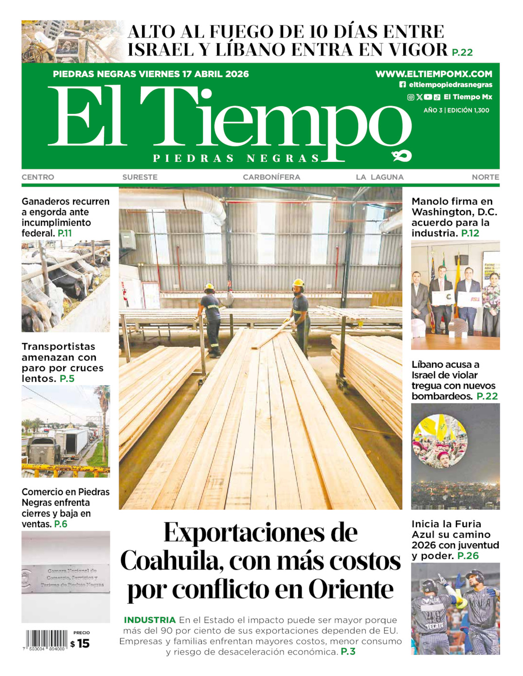 Edición impresa: Portada del viernes 17 de abril de 2026, El Tiempo de <strong>Piedras Negras</strong>
