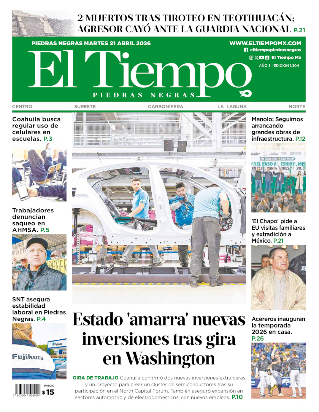 Edición impresa: Portada del martes 21 de abril de 2026, El Tiempo de <strong>Piedras Negras</strong>