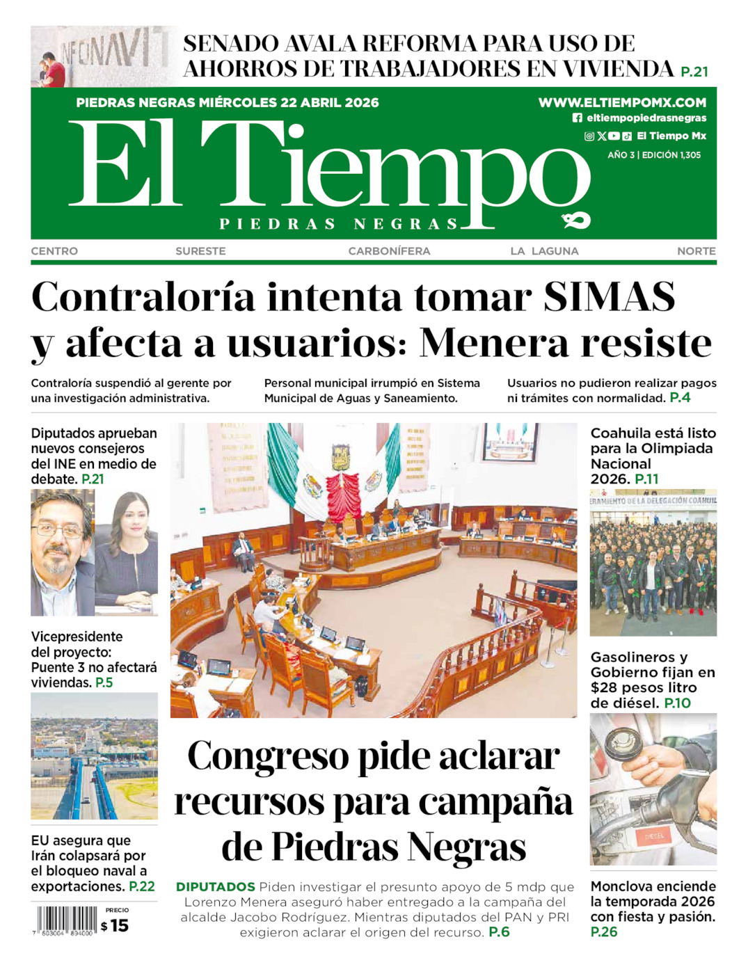 Edición impresa: Portada del miércoles 22 de abril de 2026, El Tiempo de <strong>Piedras Negras</strong>