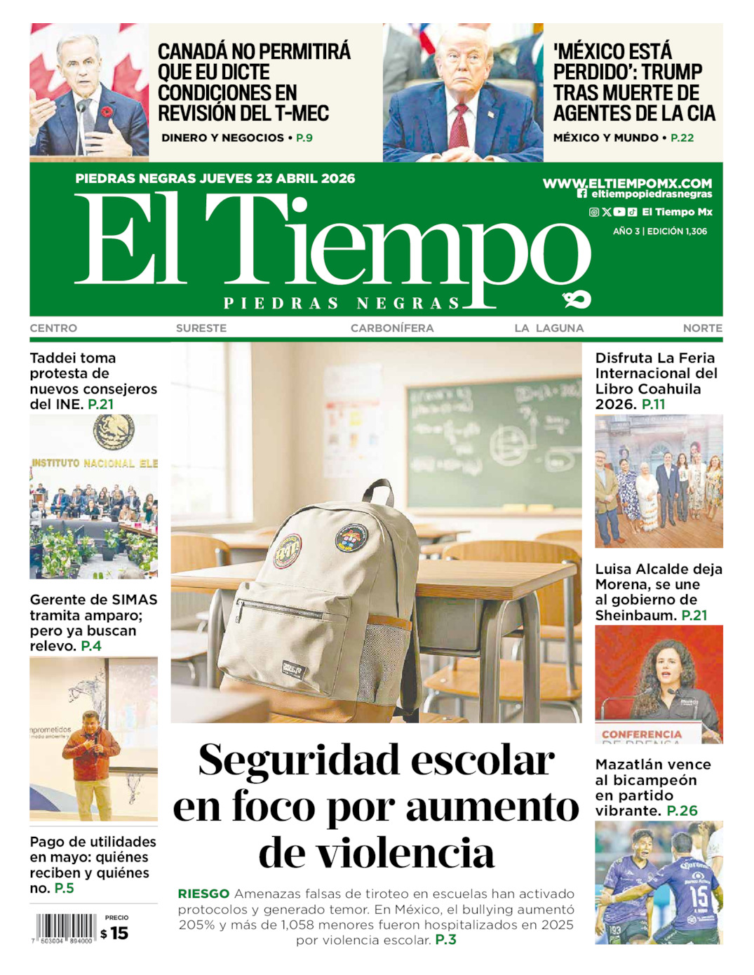 Edición impresa: Portada del jueves 23 de abril de 2026, El Tiempo de <strong>Piedras Negras</strong>