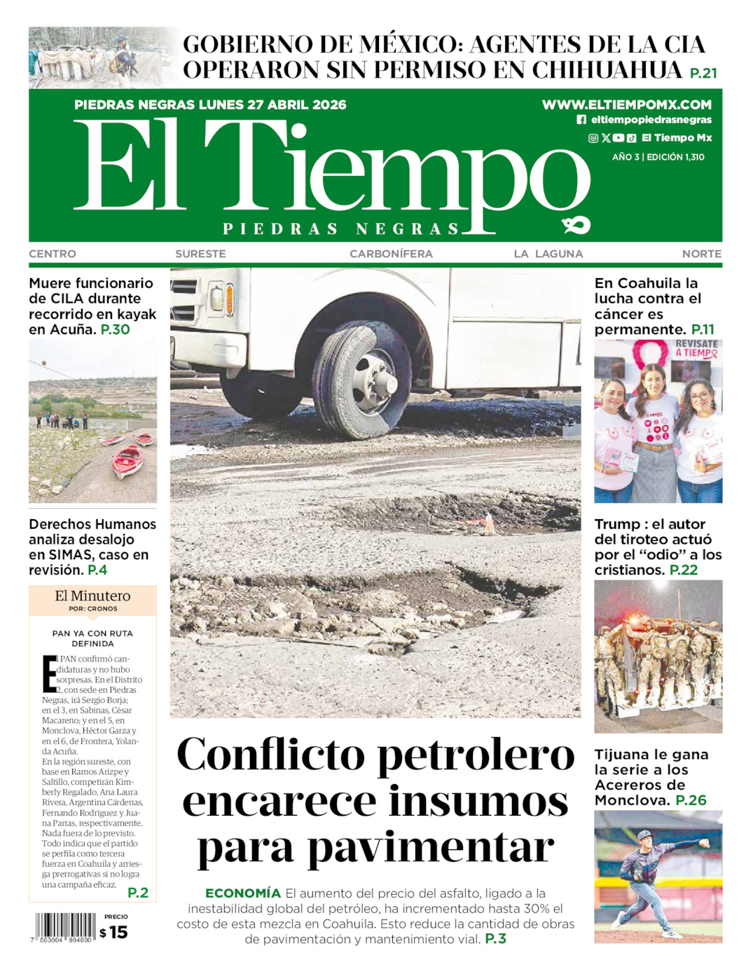 Edición impresa: Portada del lunes 27 de abril de 2026, El Tiempo de <strong>Piedras Negras</strong>