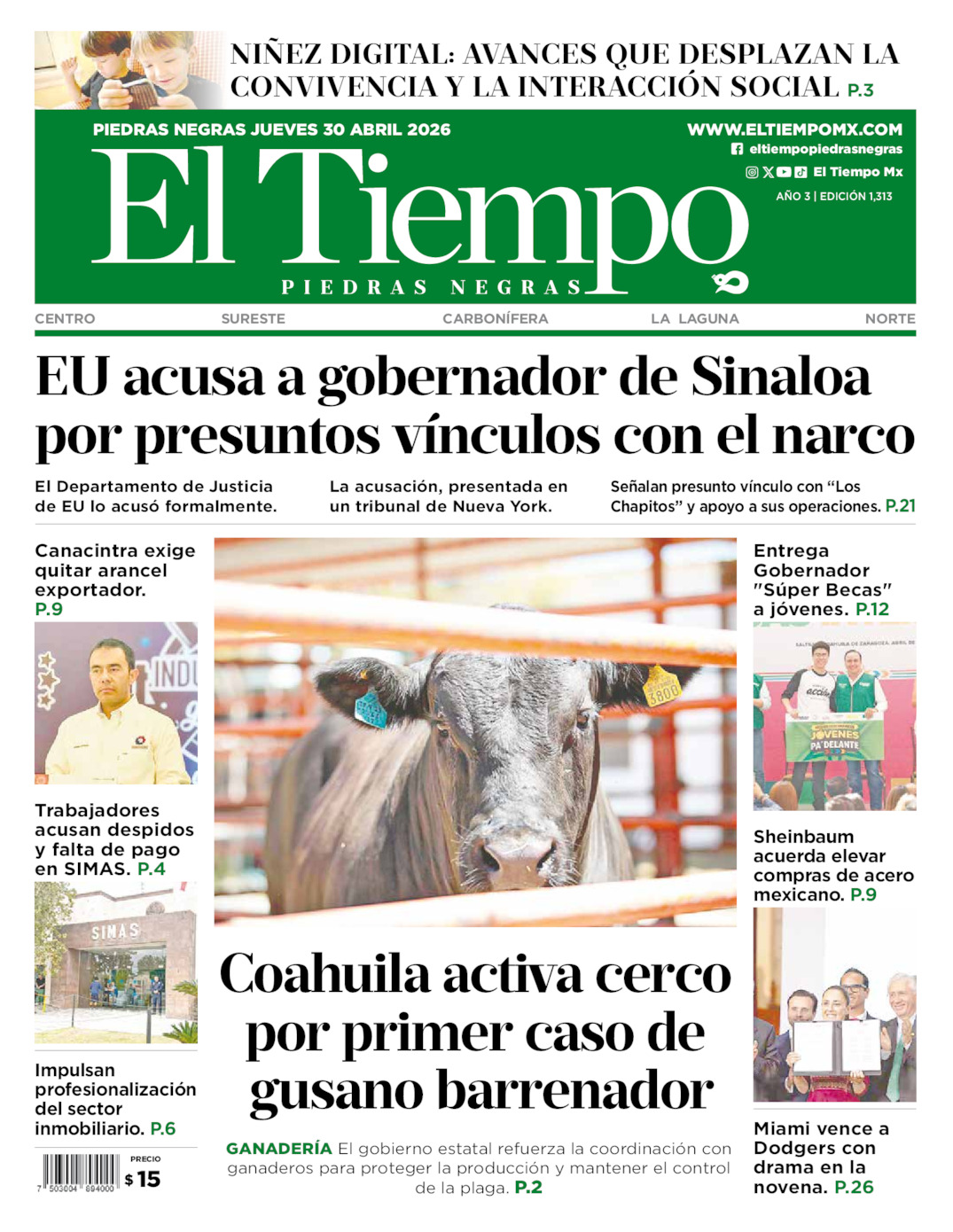 Edición impresa: Portada del jueves 30 de abril de 2026, El Tiempo de <strong>Piedras Negras</strong>