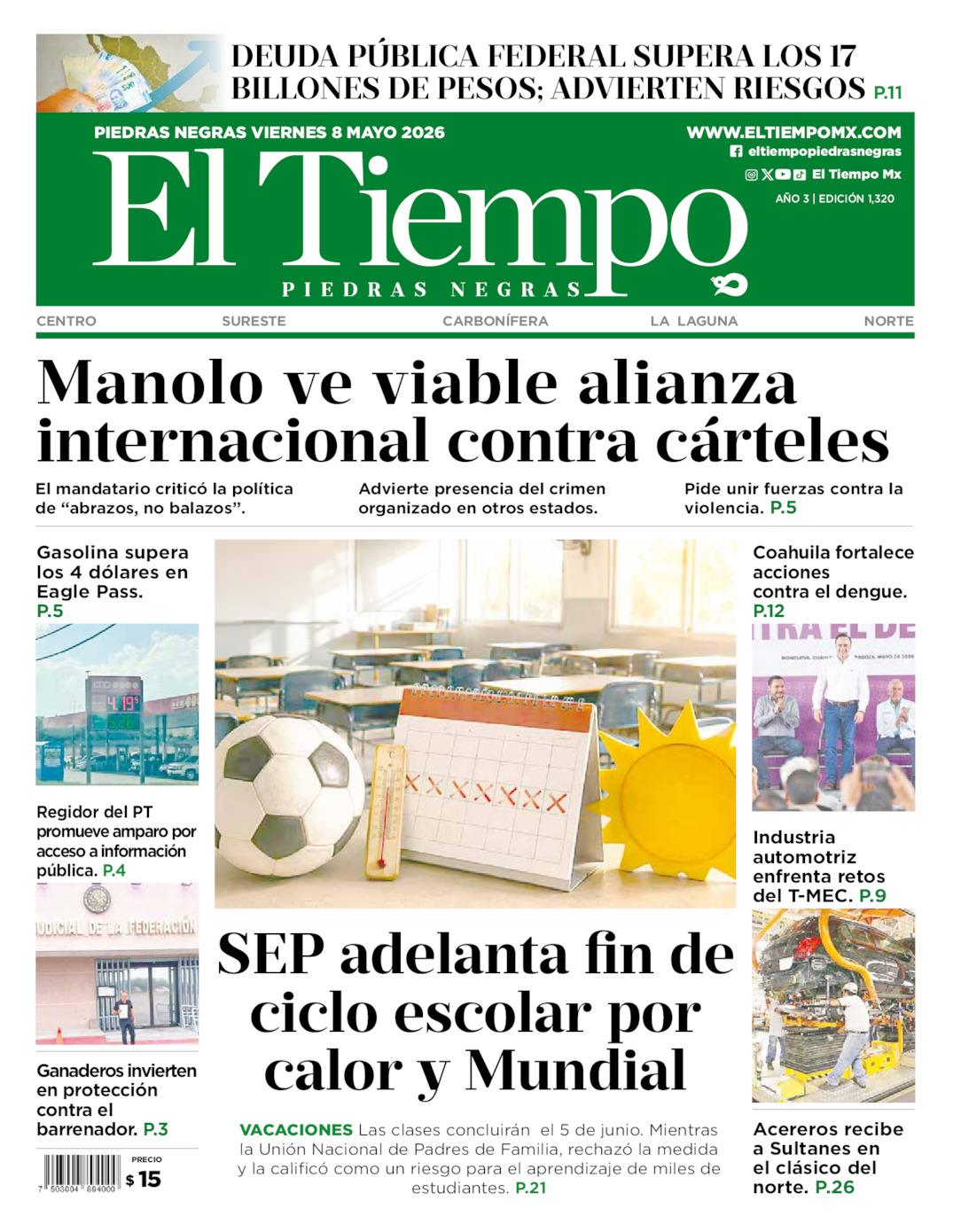 Edición impresa: Portada del viernes 08 de mayo de 2026, El Tiempo de <strong>Piedras Negras</strong>