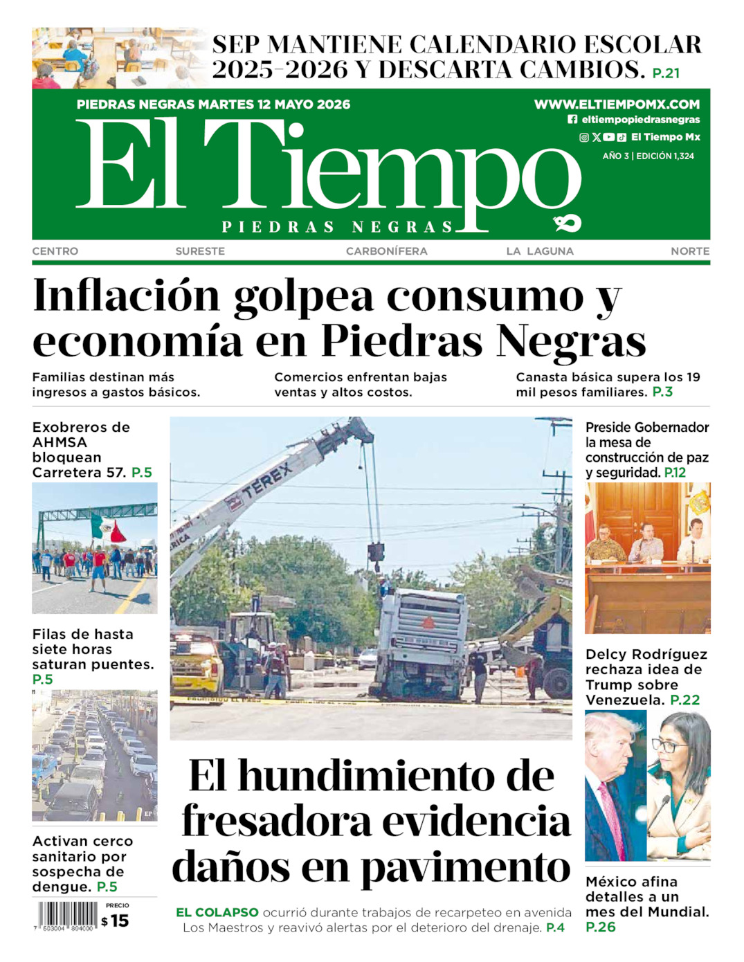 Edición impresa: Portada del martes 12 de mayo de 2026, El Tiempo de <strong>Piedras Negras</strong>