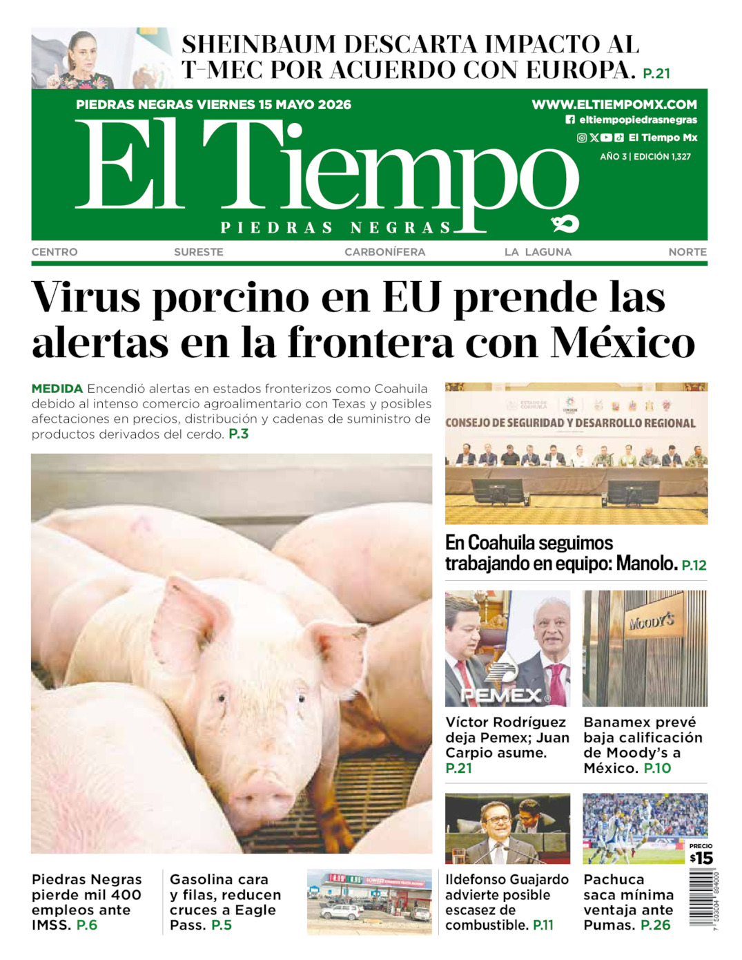 Edición impresa: Portada del viernes 15 de mayo de 2026, El Tiempo de <strong>Piedras Negras</strong>