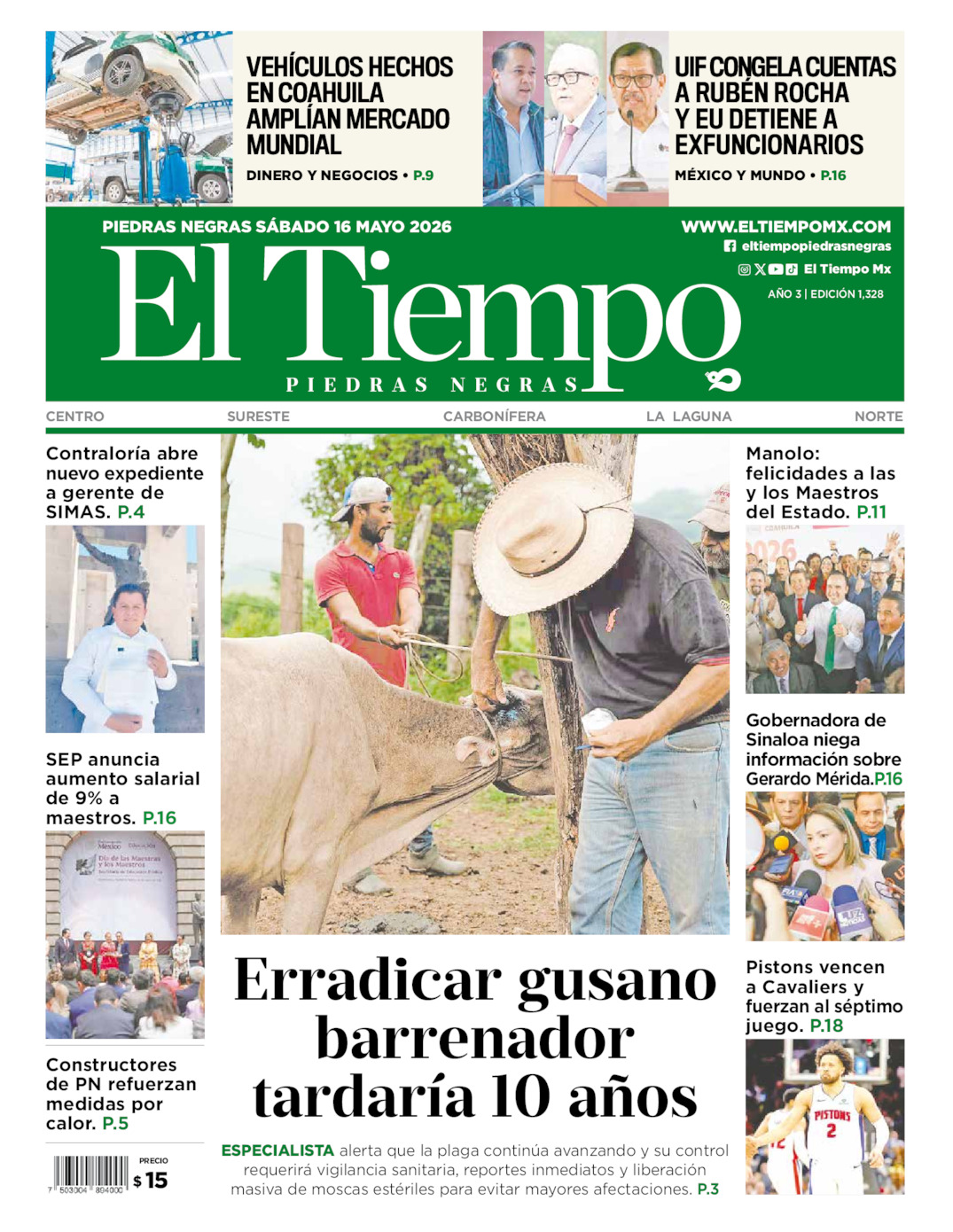 Edición impresa: Portada del sábado 16 de mayo de 2026, El Tiempo de <strong>Piedras Negras</strong>