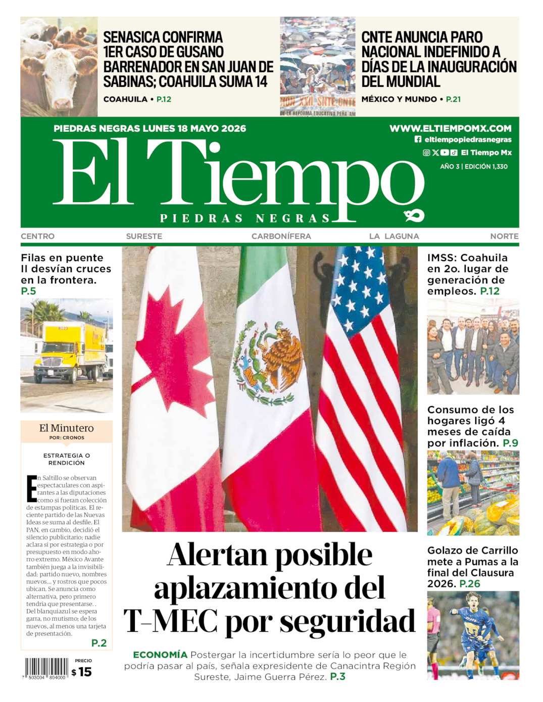 Edición impresa: Portada del lunes 18 de mayo de 2026, El Tiempo de <strong>Piedras Negras</strong>