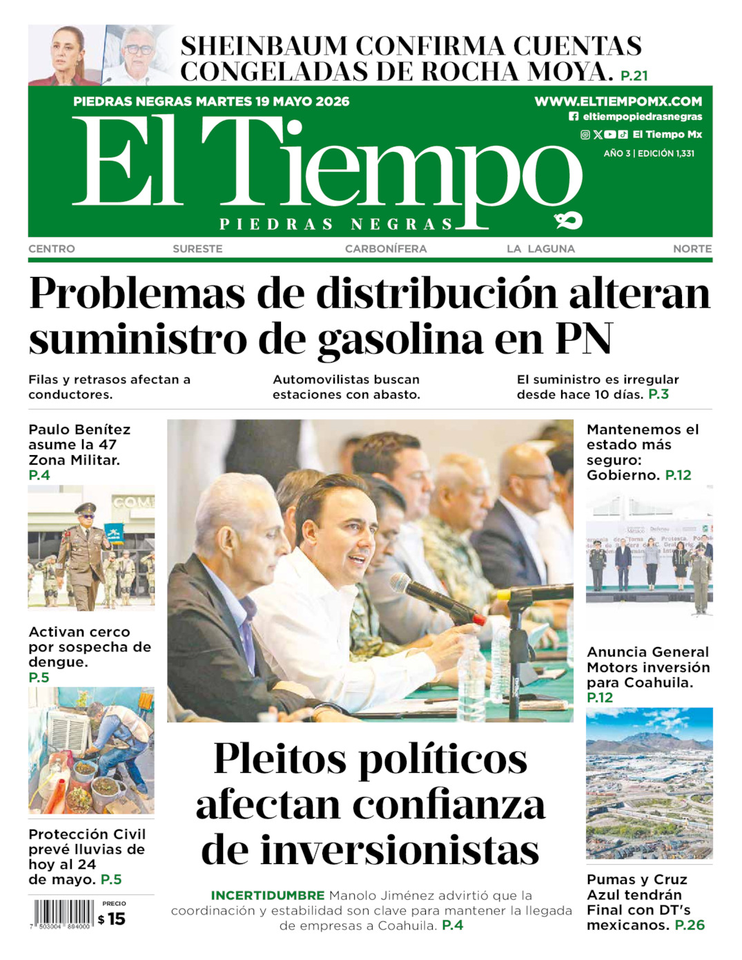Edición impresa: Portada del martes 19 de mayo de 2026, El Tiempo de <strong>Piedras Negras</strong>