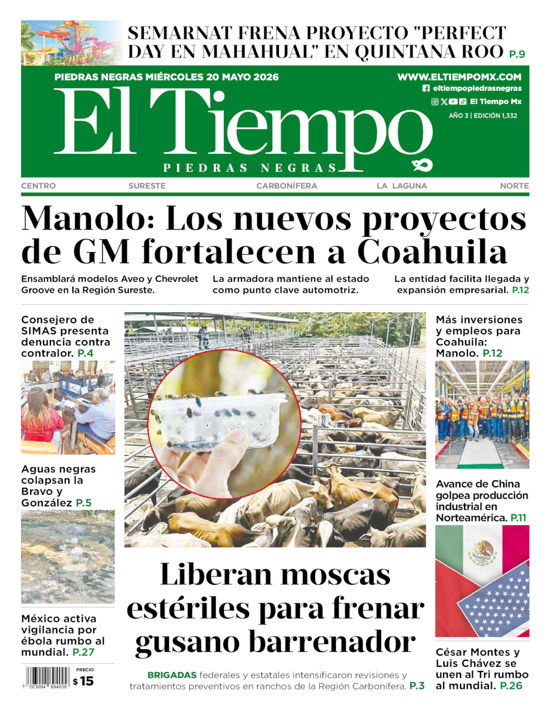 Edición impresa: Portada del miércoles 20 de mayo de 2026, El Tiempo de <strong>Piedras Negras</strong>