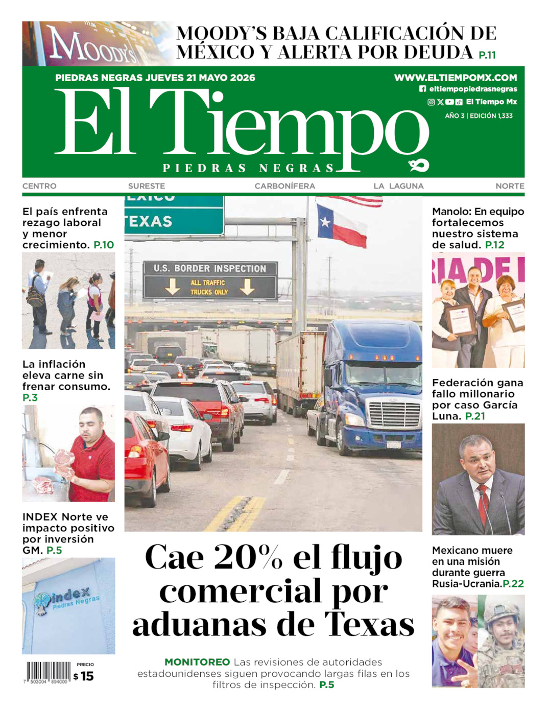 Edición impresa: Portada del jueves 21 de mayo de 2026, El Tiempo de <strong>Piedras Negras</strong>