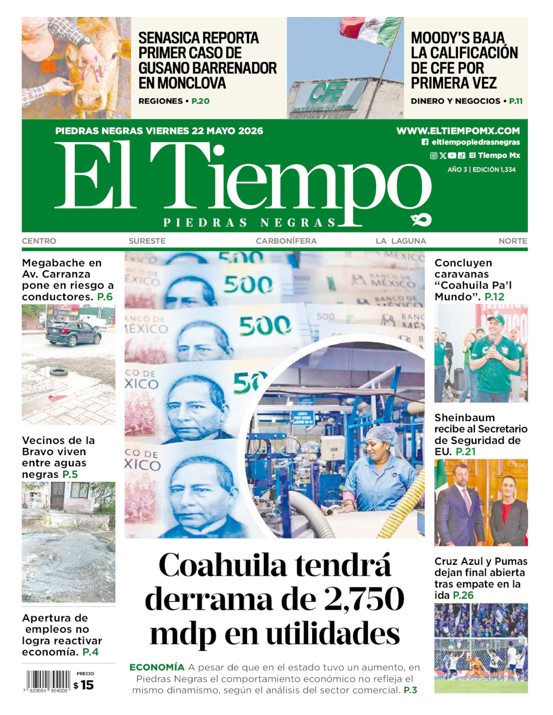 Edición impresa: Portada del viernes 22 de mayo de 2026, El Tiempo de <strong>Piedras Negras</strong>