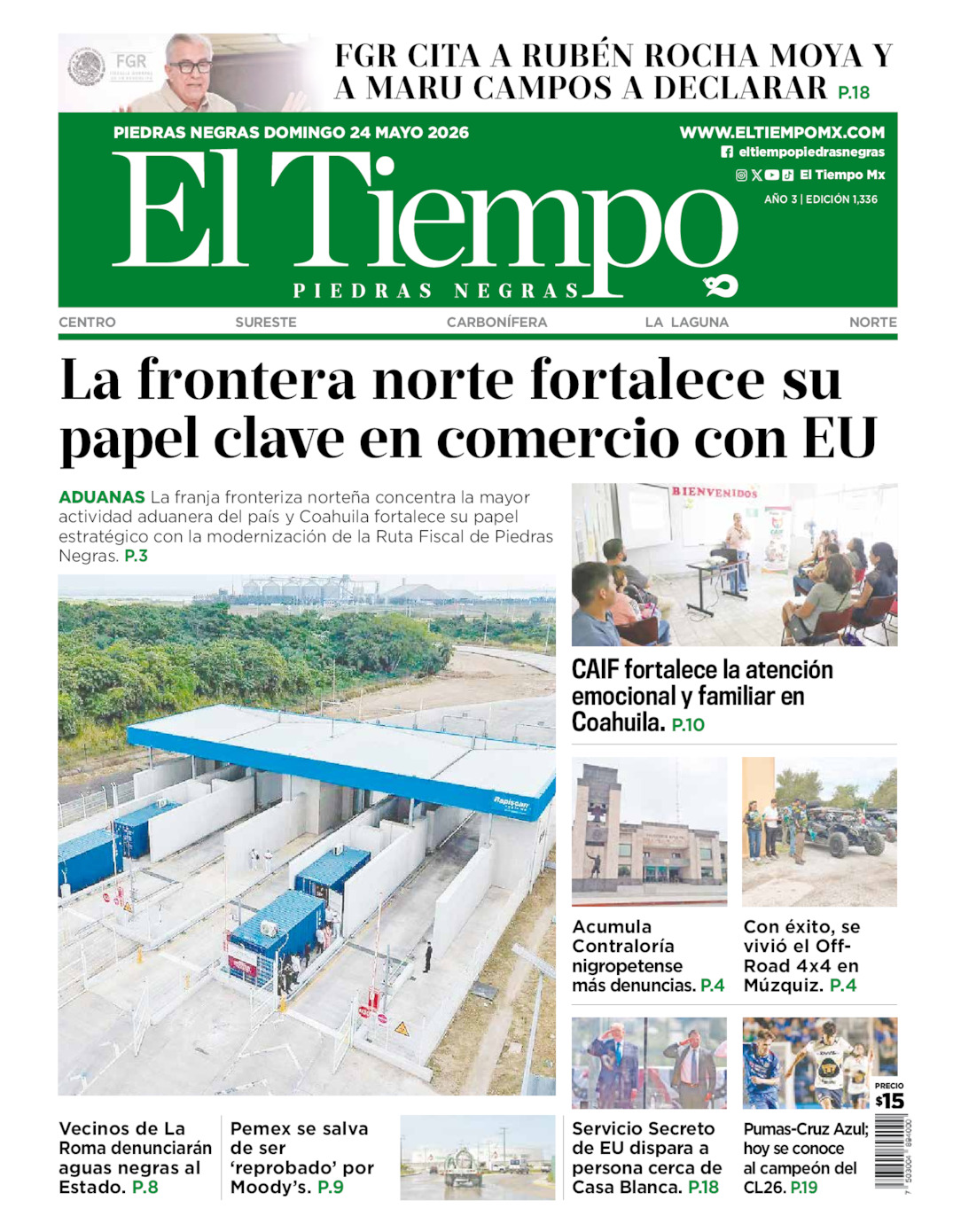 Edición impresa: Portada del domingo 24 de mayo de 2026, El Tiempo de <strong>Piedras Negras</strong>
