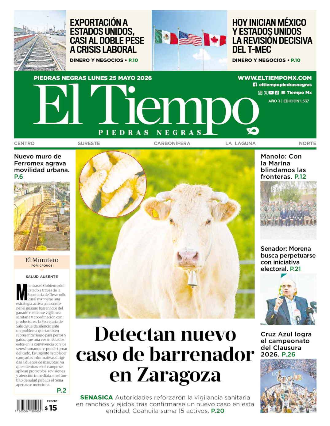 Edición impresa: Portada del lunes 25 de mayo de 2026, El Tiempo de <strong>Piedras Negras</strong>