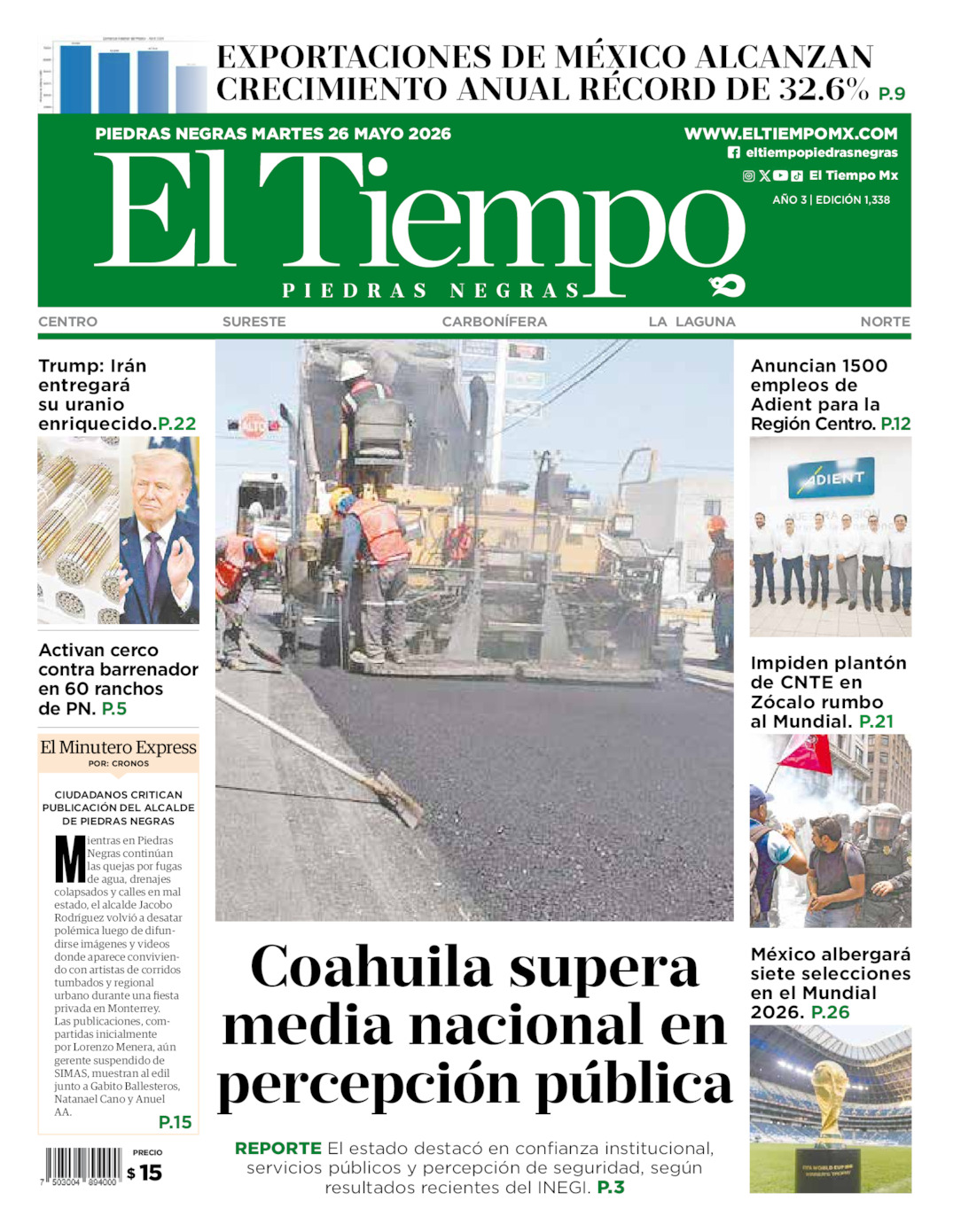 Edición impresa: Portada del martes 26 de mayo de 2026, El Tiempo de <strong>Piedras Negras</strong>