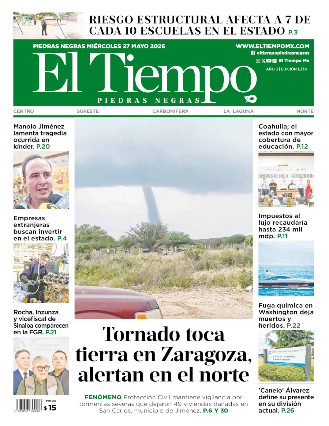 Edición impresa: Portada del miércoles 27 de mayo de 2026, El Tiempo de <strong>Piedras Negras</strong>