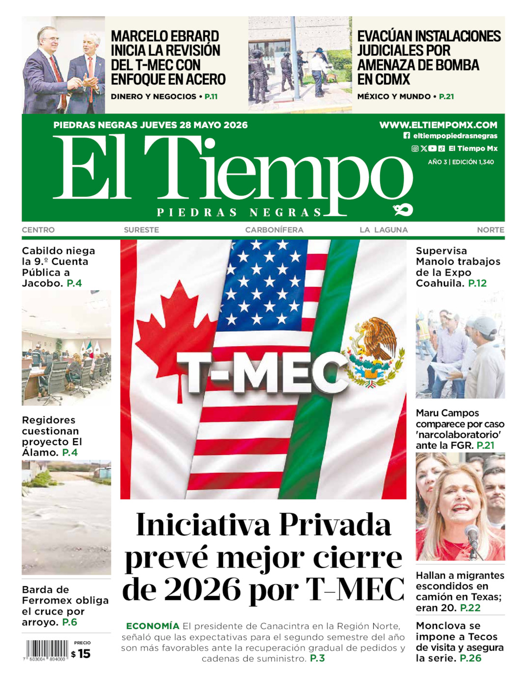 Edición impresa: Portada del jueves 28 de mayo de 2026, El Tiempo de <strong>Piedras Negras</strong>