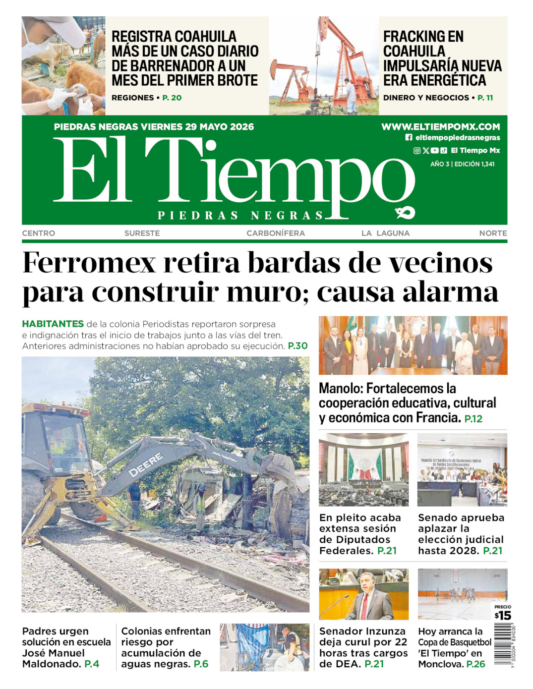 Edición impresa: Portada del viernes 29 de mayo de 2026, El Tiempo de <strong>Piedras Negras</strong>