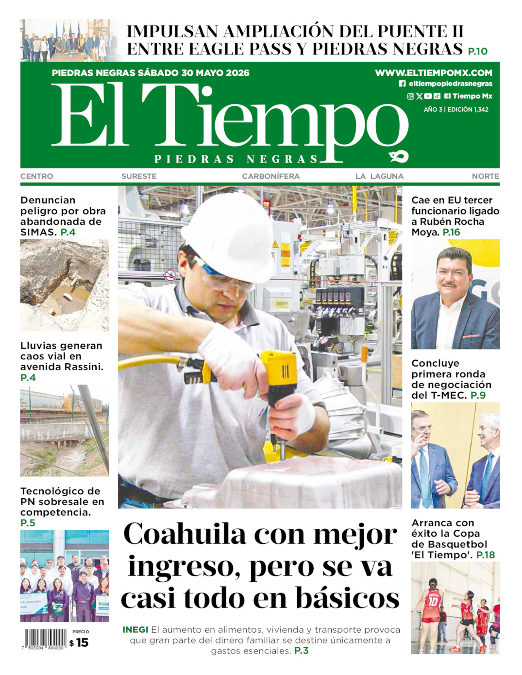 Edición impresa: Portada del sábado 30 de mayo de 2026, El Tiempo de <strong>Piedras Negras</strong>