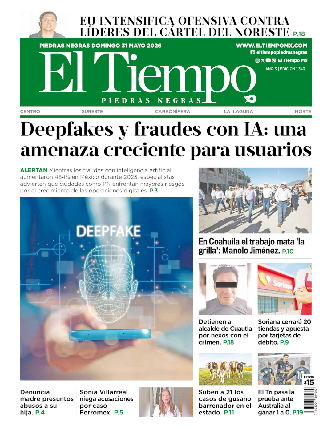 Edición impresa: Portada del domingo 31 de mayo de 2026, El Tiempo de <strong>Piedras Negras</strong>
