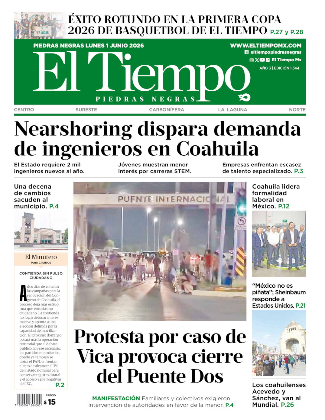Edición impresa: Portada del lunes 01 de junio de 2026, El Tiempo de <strong>Piedras Negras</strong>