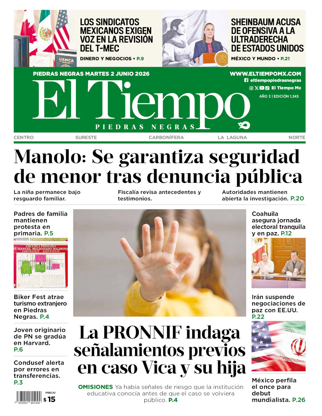 Edición impresa: Portada del martes 02 de junio de 2026, El Tiempo de <strong>Piedras Negras</strong>