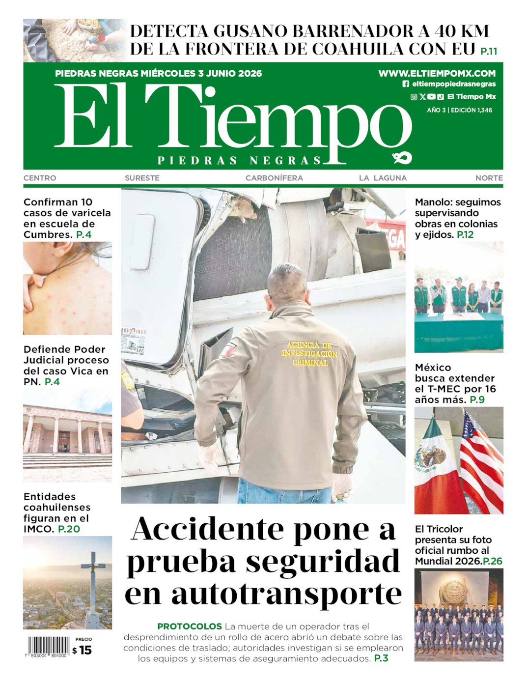 Edición impresa: Portada del miércoles 03 de junio de 2026, El Tiempo de <strong>Piedras Negras</strong>