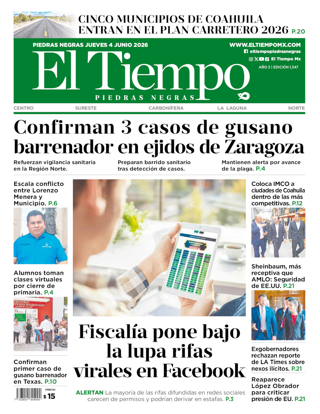 Edición impresa: Portada del jueves 04 de junio de 2026, El Tiempo de <strong>Piedras Negras</strong>
