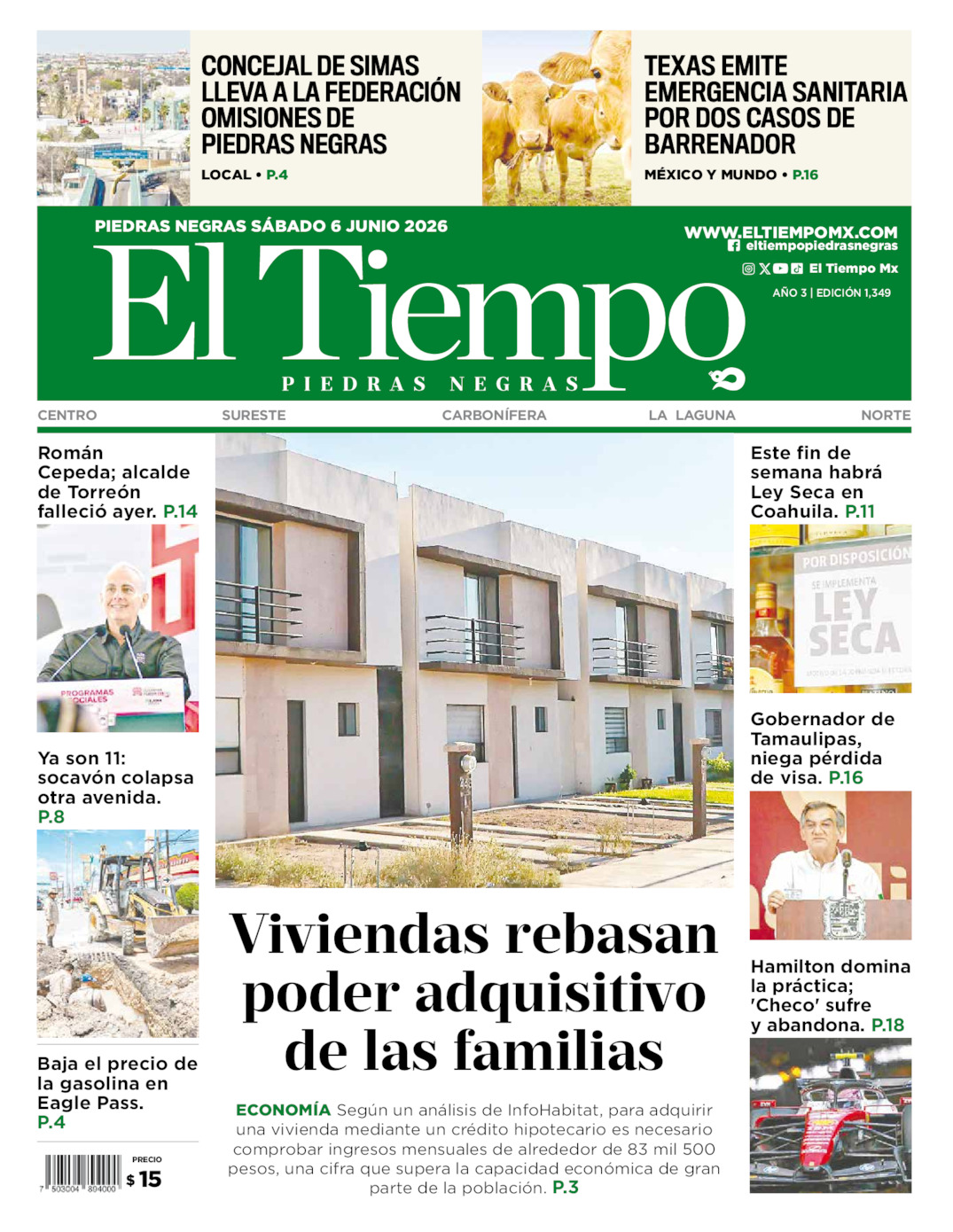 Edición impresa: Portada del sábado 06 de junio de 2026, El Tiempo de <strong>Piedras Negras</strong>