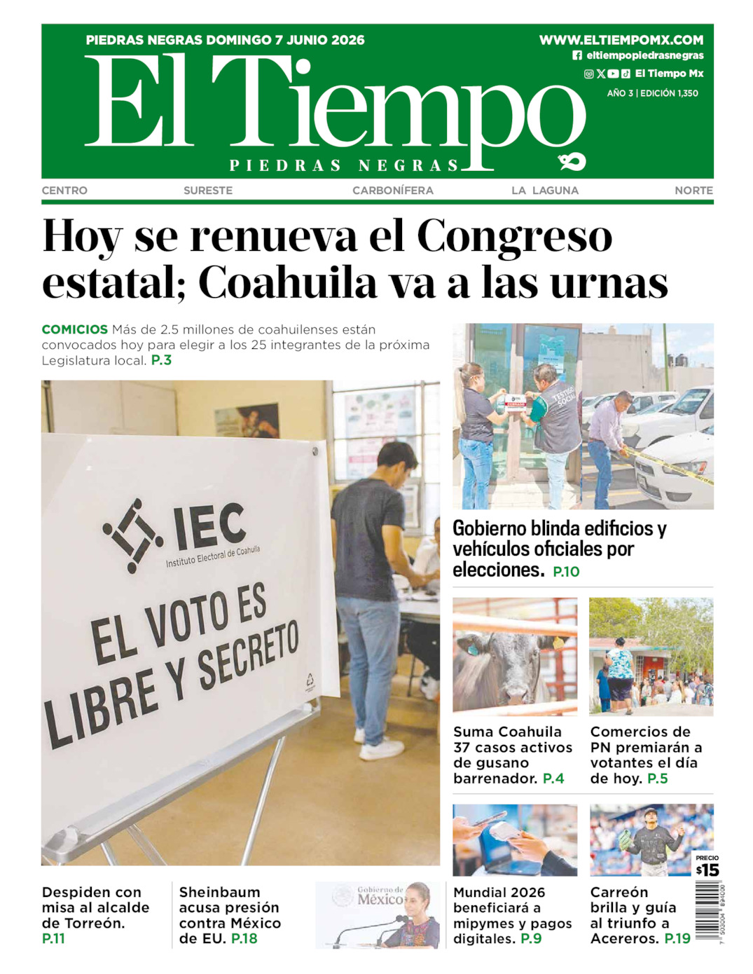 Edición impresa: Portada del domingo 07 de junio de 2026, El Tiempo de <strong>Piedras Negras</strong>