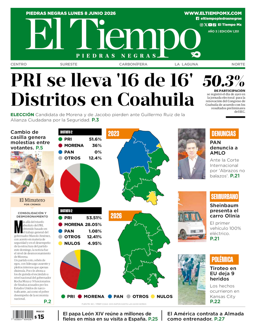 Edición impresa: Portada del lunes 08 de junio de 2026, El Tiempo de <strong>Piedras Negras</strong>