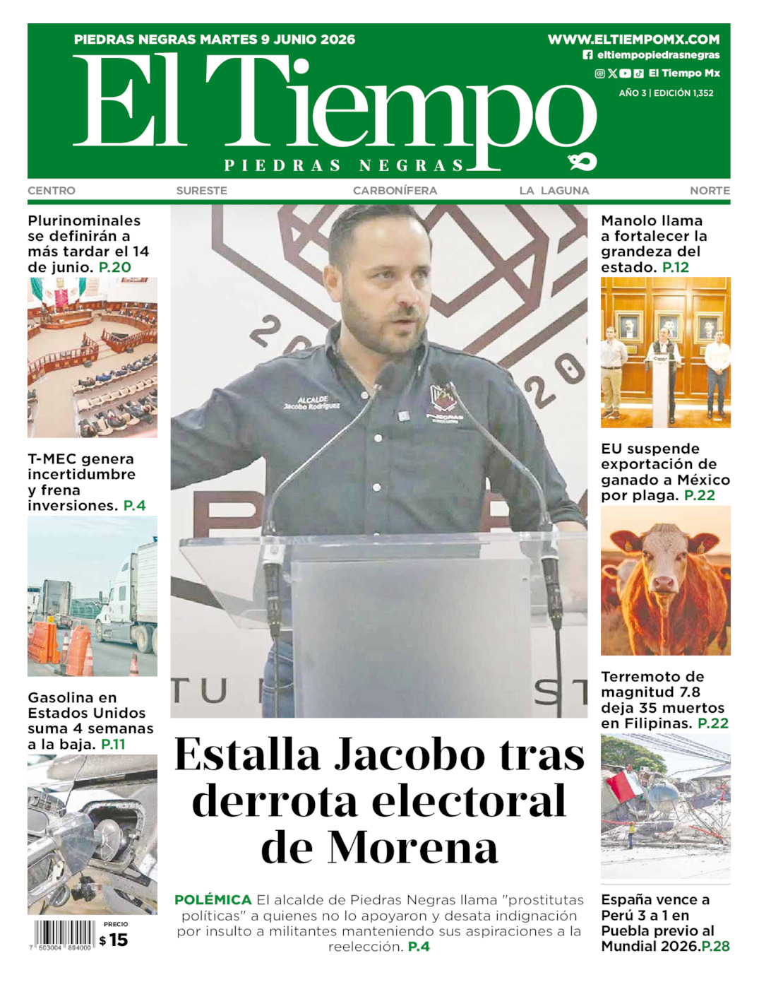 Edición impresa: Portada del martes 09 de junio de 2026, El Tiempo de <strong>Piedras Negras</strong>