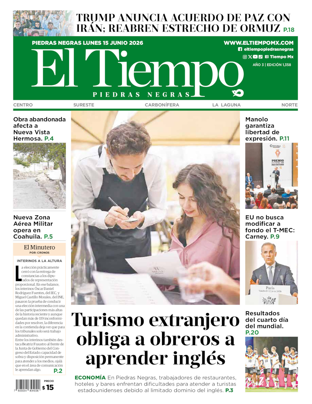 Edición impresa: Portada del lunes 15 de junio de 2026, El Tiempo de <strong>Piedras Negras</strong>