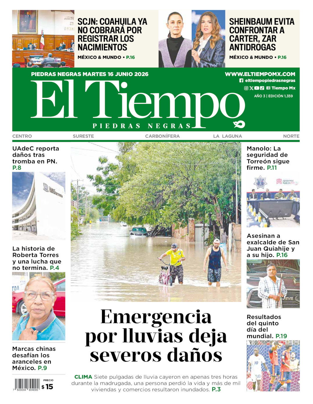 Edición impresa: Portada del martes 16 de junio de 2026, El Tiempo de <strong>Piedras Negras</strong>
