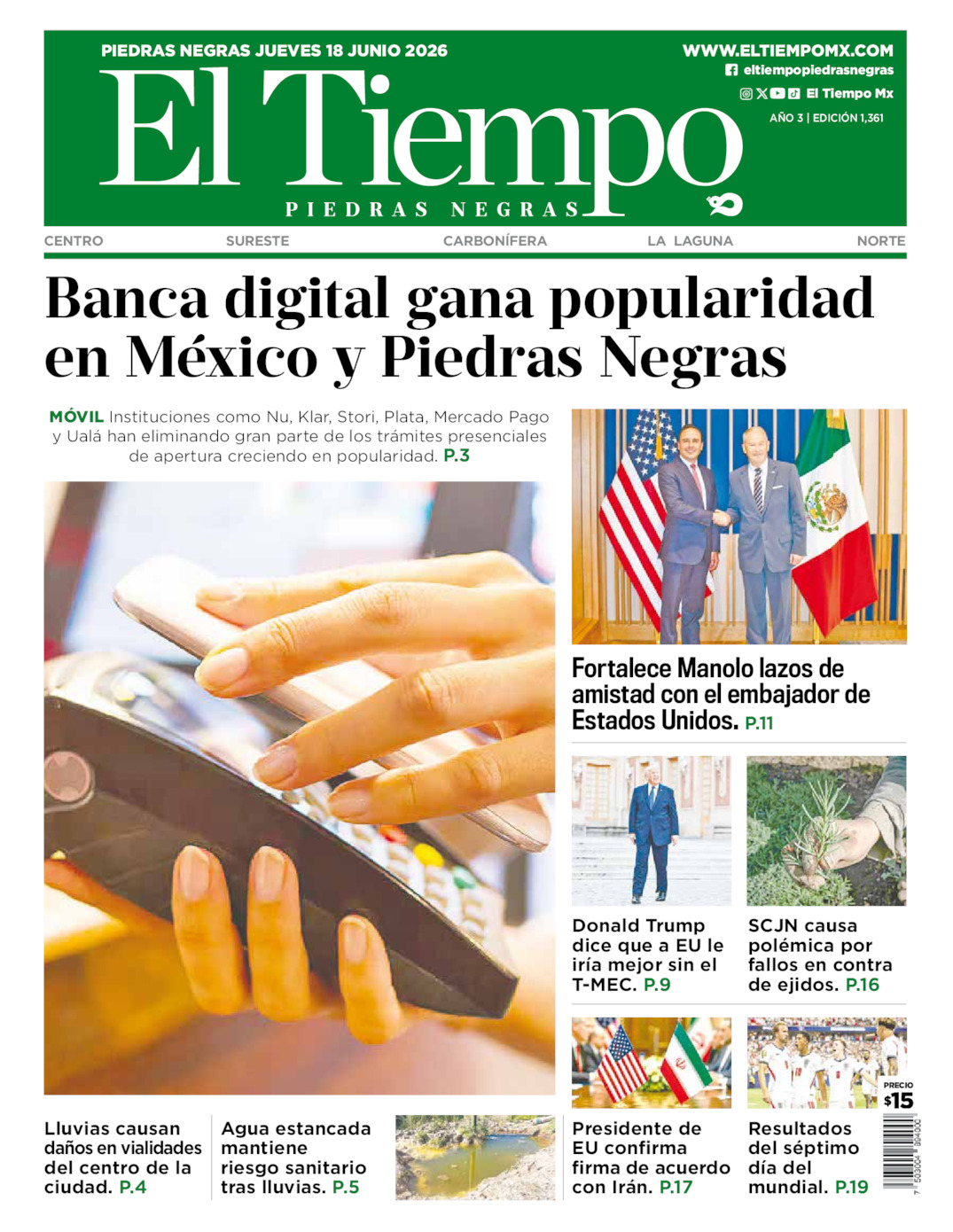Edición impresa: Portada del jueves 18 de junio de 2026, El Tiempo de <strong>Piedras Negras</strong>